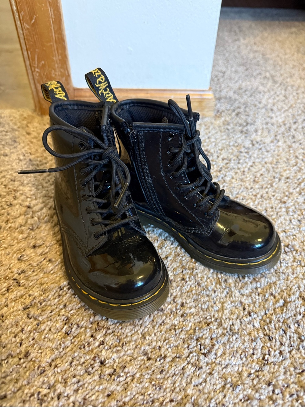 Dr. Martens Kids Black Patent Leather Lace-Up Combat Boots with Yellow Stitching